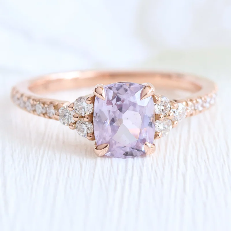 women's multi-stone engagement rings-1.9 Ct. Cushion Lavender Sapphire Ring in 14k Rose Gold 3 Stone Diamond Ring, Size 6.5