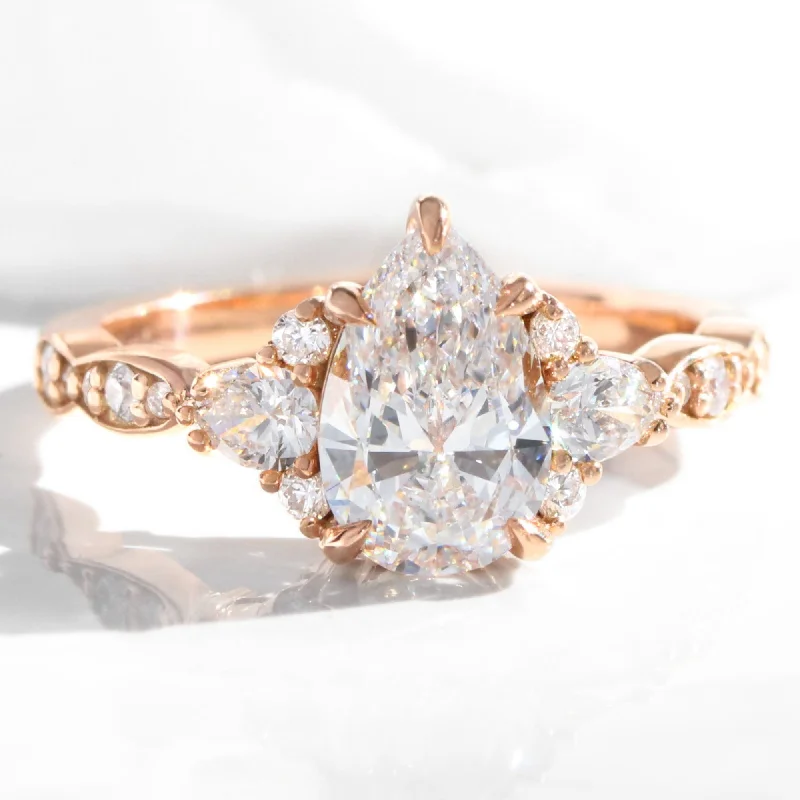 women's gemstone engagement rings with diamonds-2.0 Ct. Pear Lab Diamond Ring w/ Natural Diamonds in Dahlia 3 Stone Ring