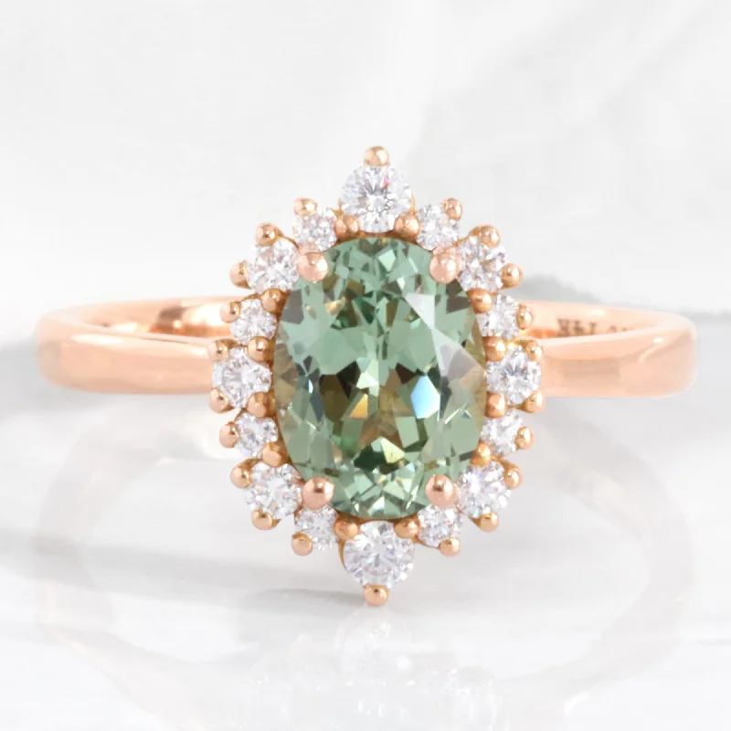 women's colored diamond engagement rings-Oval Green Sapphire Engagement Ring in Tiara Halo Diamond Tapered Band