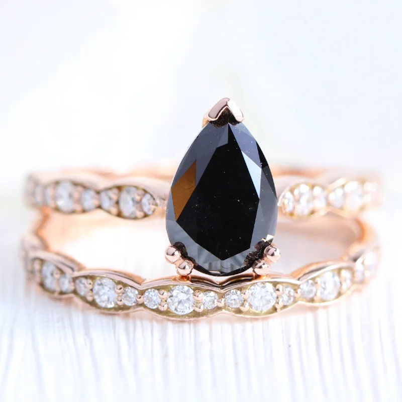 women's minimalist engagement rings-Grace Solitaire Black Diamond Ring Set w/ Pear Diamond and Matching Wedding Band