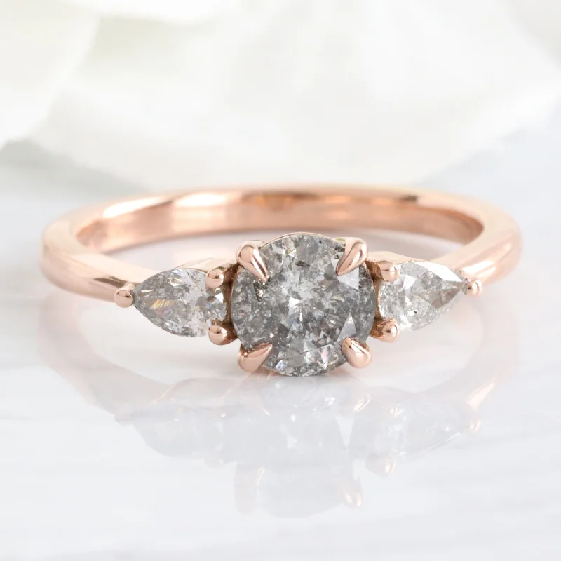 women's engraved engagement rings-1.00 Ct Salt and Pepper Diamond Ring in 14k Rose Gold Low Set 3 Stone Ring Size 6.5