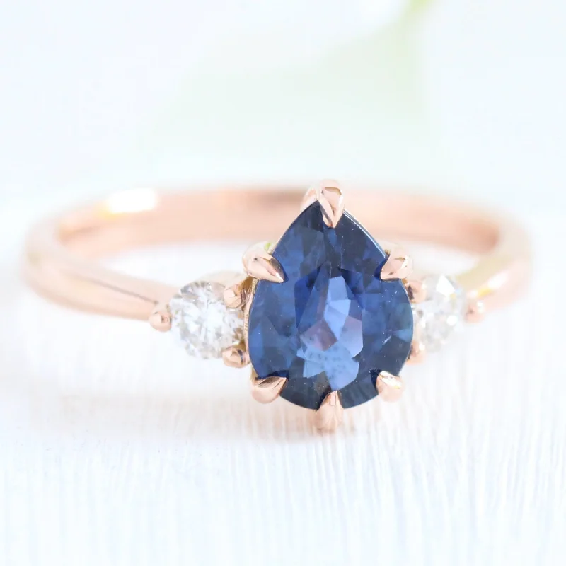 women's bridal diamond engagement rings-1.70 Ct Pear Blue Sapphire Ring in 14k Rose Gold 3 Stone Diamond Ring, Size 6