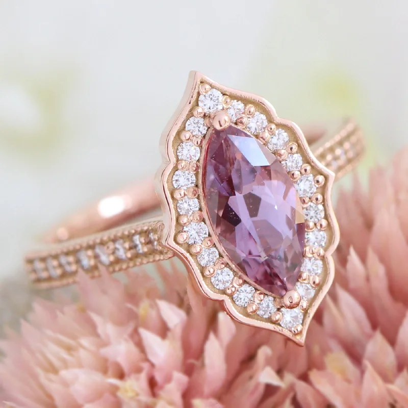 women's custom engagement rings-Marquise Purplish Pink Sapphire Ring in 14k Rose Gold Vintage Floral Diamond Ring, Size 6.25