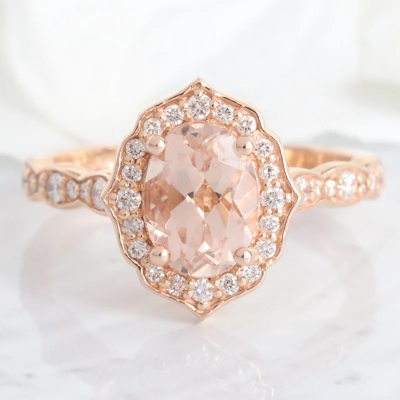 women's modern diamond engagement rings-Oval Morganite Diamond Ring in 14k Rose Gold Vintage Floral, Size 5.75