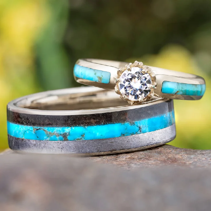 women's minimalist engagement rings-Turquoise Couples Rings with Lotus Prong Engagement Ring