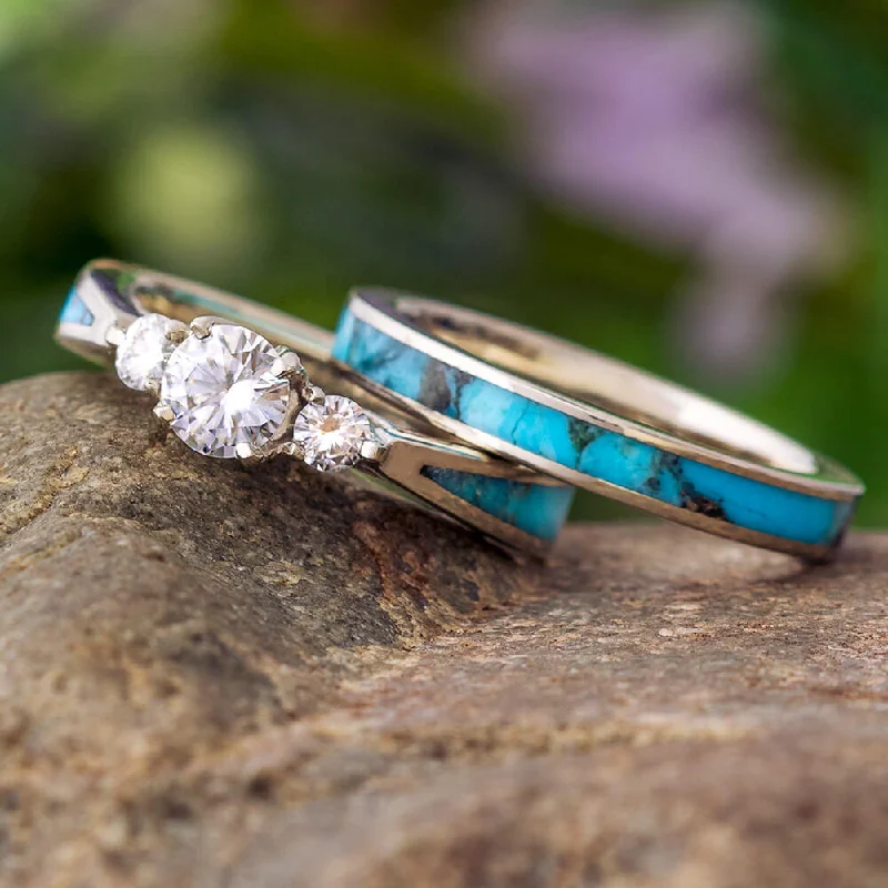 women's antique-style engagement rings-Turquoise Engagement Ring With Matching Band