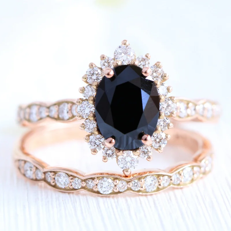 women's contemporary diamond engagement rings-Tiara Halo Oval Black Diamond Ring Set w/ Matching Diamond Scalloped Wedding Band