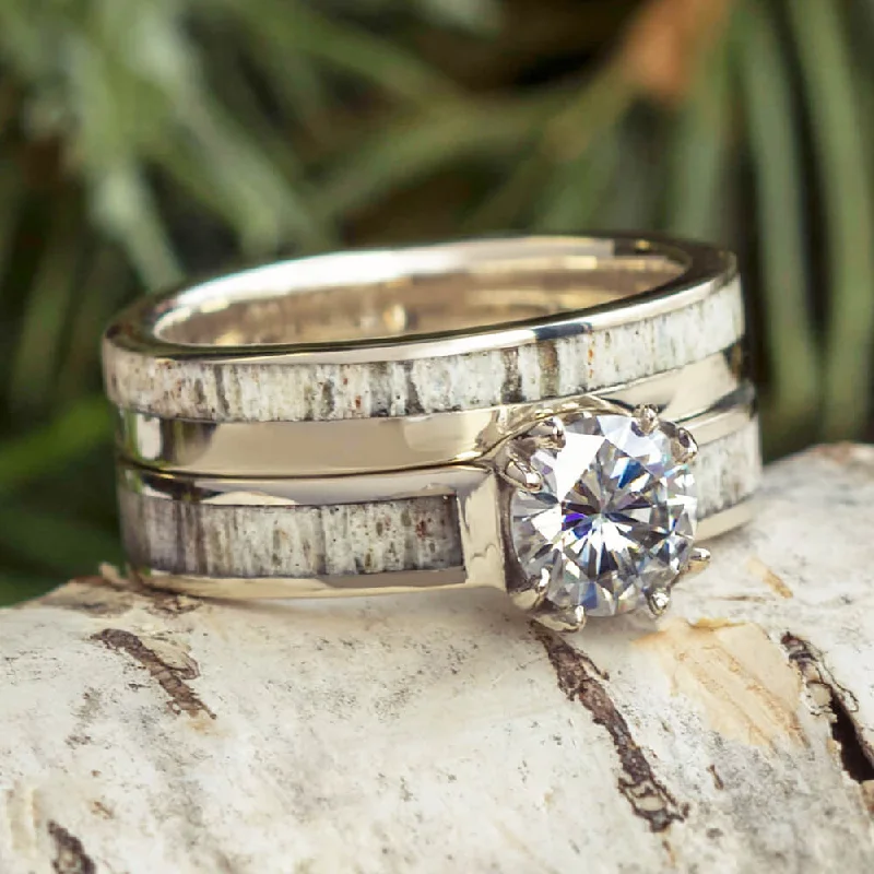 women's luxurious princess cut engagement rings-Moissanite Bridal Set: Deer Antler Engagement Ring with Wedding Band