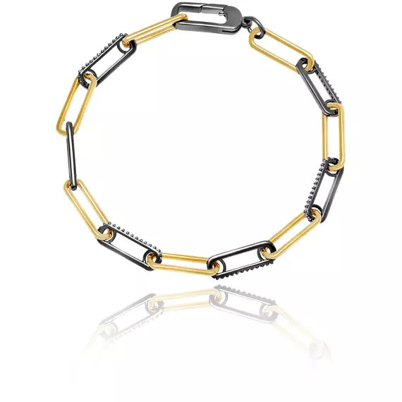 women's double bangle bracelets-CRISLU Two-Tone Interlocking Pave Link Bracelet Finished in Black Rhodium and 18kt Gold-7 Inches