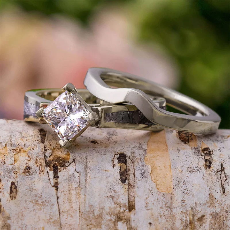 women's floral engagement rings-Meteorite Bridal Set, Solitaire Engagement Ring & Shadow Band