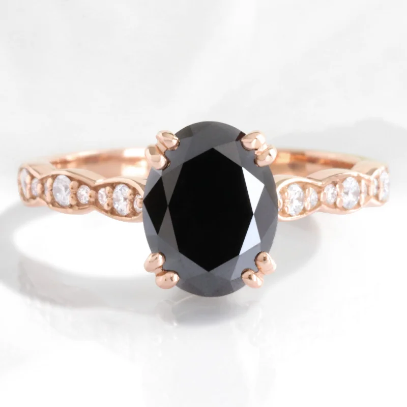 women's vintage style engagement rings-2 Ct. Oval Black Diamond Ring in Grace Solitaire Scalloped Band