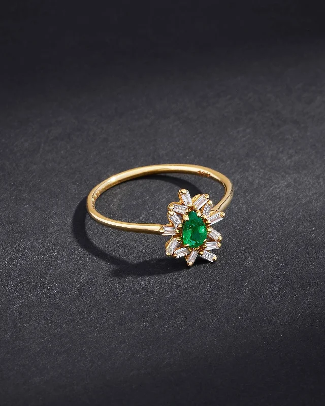 women's luxury engagement rings-One of a Kind Pear Shaped Emerald and Baguette Diamond Ring