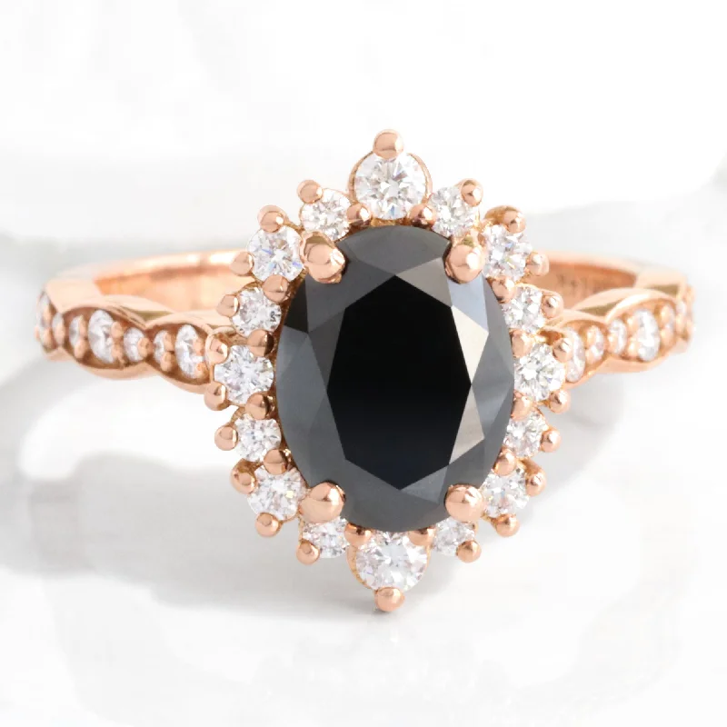 women's alternative engagement rings-Large Oval Black Diamond Ring in Tiara Halo Diamond Scalloped Band