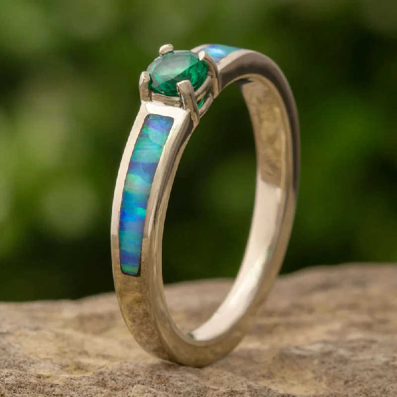 women's oval gemstone engagement rings-Round Emerald Engagement Ring with Opal in Polished Gold