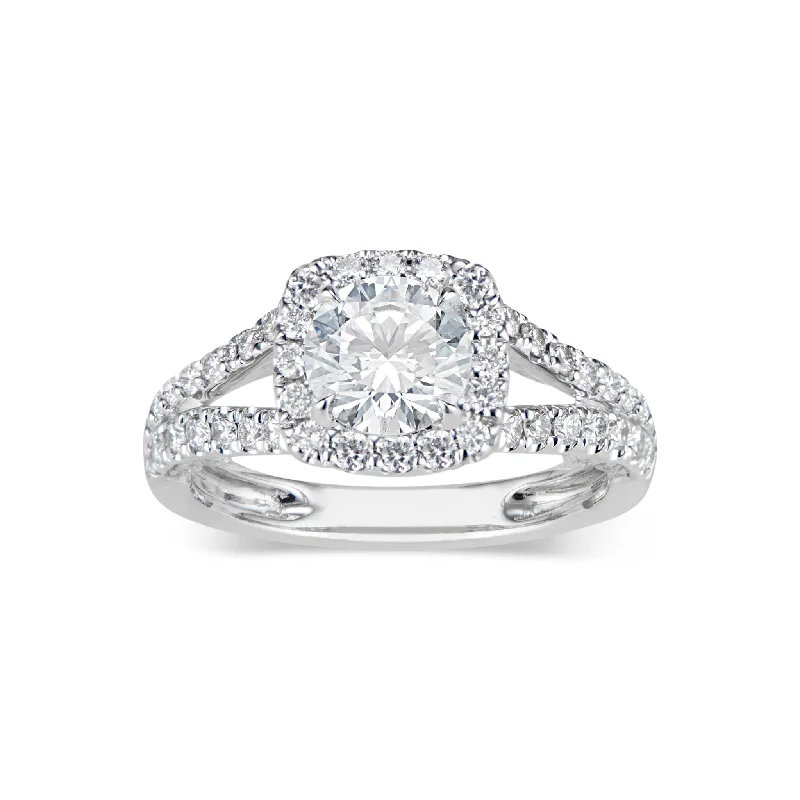 women's diamond engagement rings for couples-Cushion Halo Diamond Engagement Ring with Split Shank & Diamond Bridge