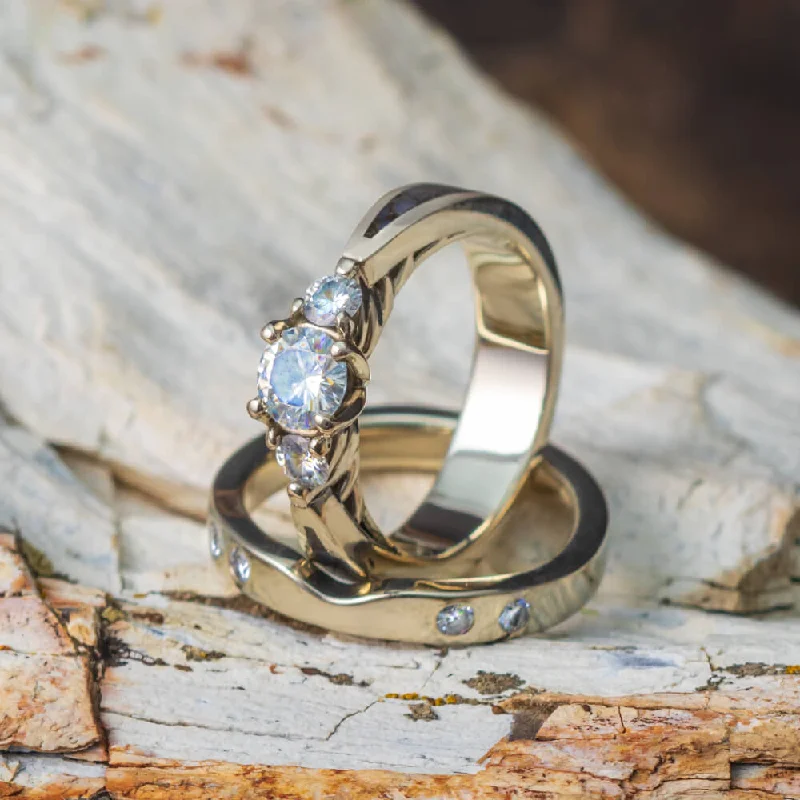 women's sapphire and diamond engagement rings-Dinosaur Bone Bridal Set With Three Stone Engagement Ring & Band