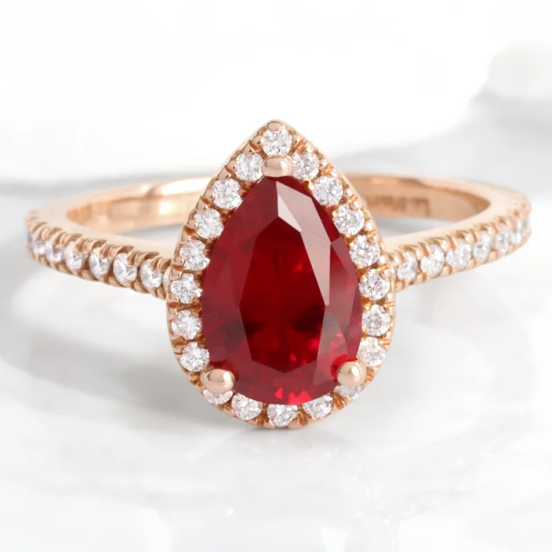 women's custom engagement rings-Pear Ruby Engagement Ring in Luna Halo Diamond Pave Band