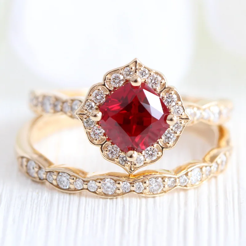 women's platinum engagement rings-Mini Vintage Floral Bridal Set w/ Cushion Ruby and Scalloped Diamond Ring