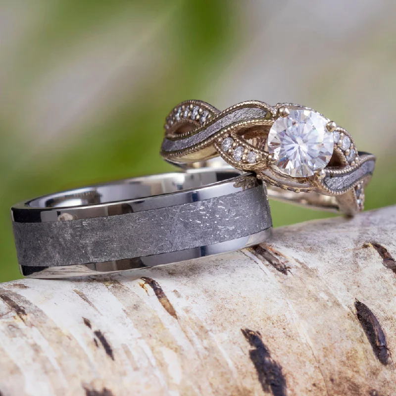 women's gemstone engagement rings with diamonds-Meteorite Wedding Rings, Moissanite Engagement Ring & Wedding Band