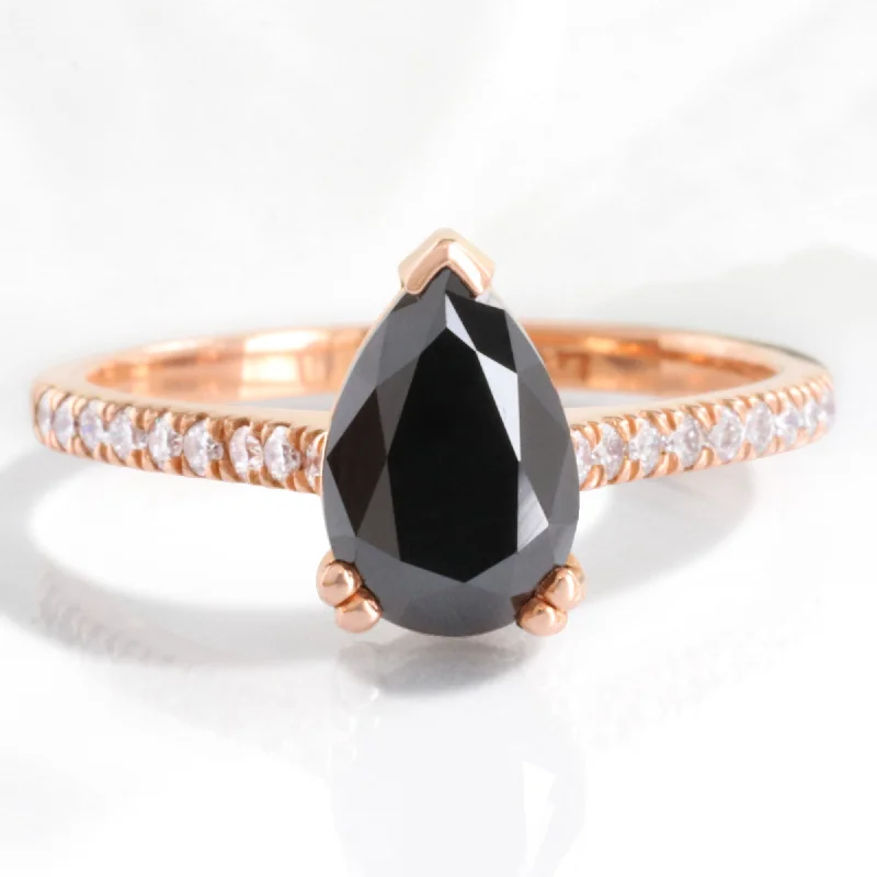 women's gold engagement rings-Pear Black Diamond Engagement Ring in Grace Solitaire Pave Band