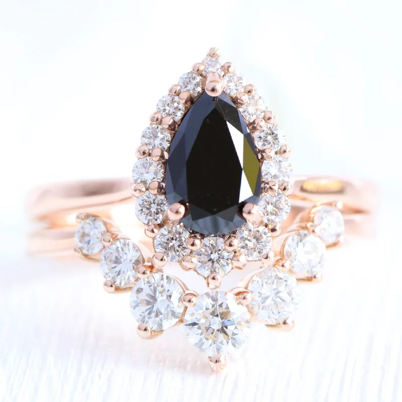 women's cushion-cut engagement rings-Tiara Halo Pear Black Diamond Ring Set w/ Large 7 Diamond Curved Tapered Band