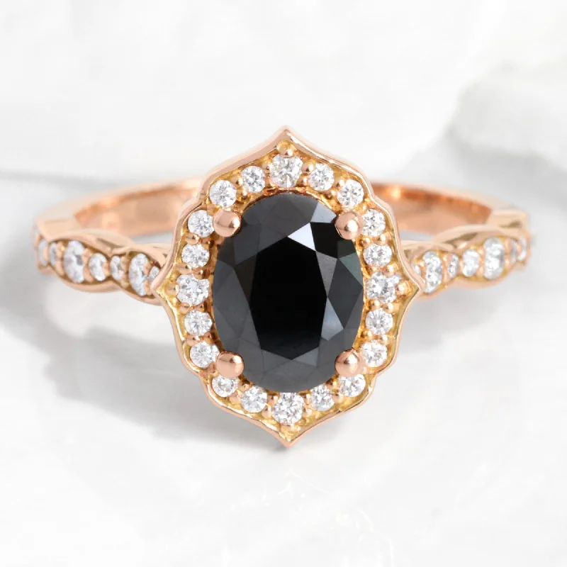 women's heart-shaped diamond engagement rings-Oval Black Diamond Engagement Ring in Vintage Floral Scalloped Band