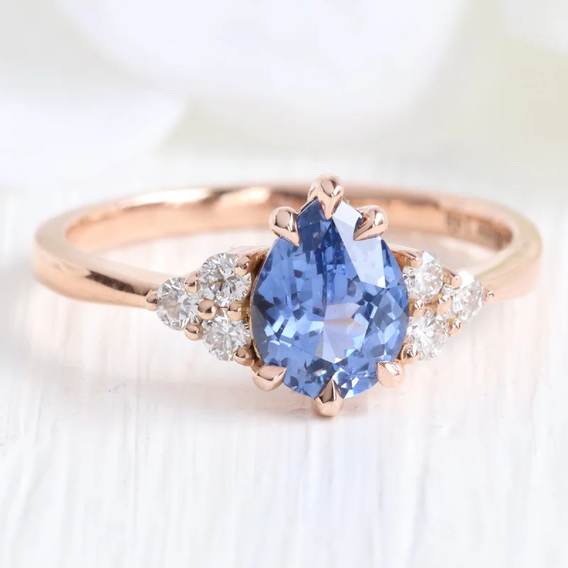 women's vintage diamond engagement rings-1.34 Ct Pear Ceylon Blue Sapphire Ring in 14k Rose Gold 3 Diamond Ring, Size 6.25