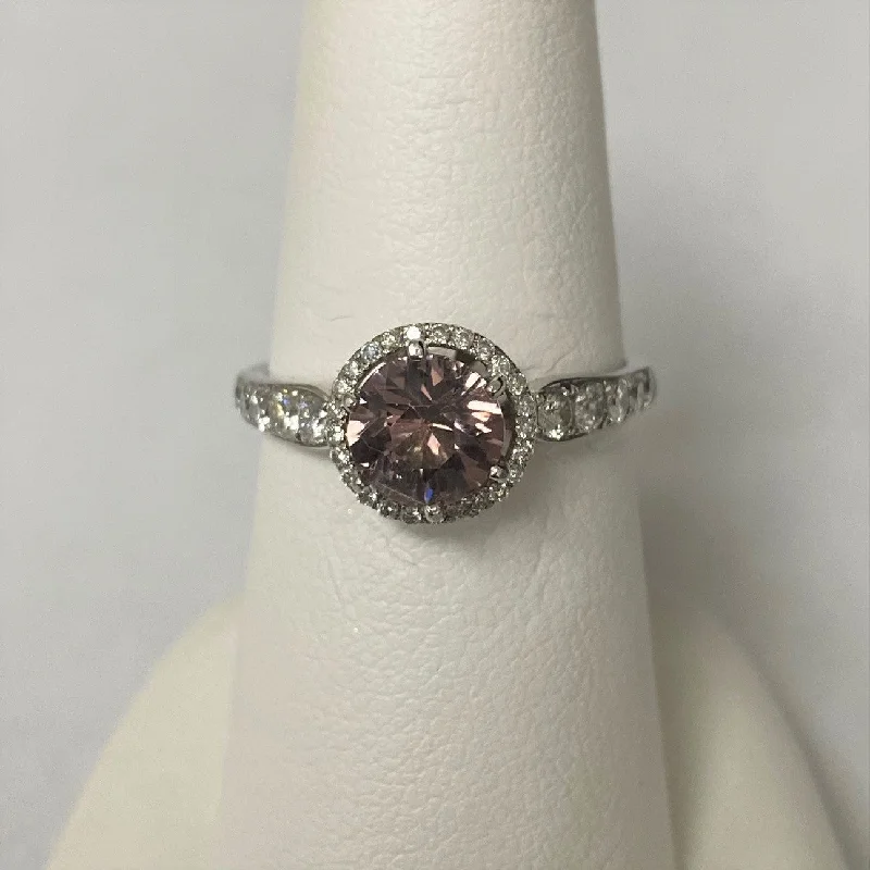 women's round diamond engagement rings-14kt White Gold Pink Tourmaline Halo and Diamond Ring