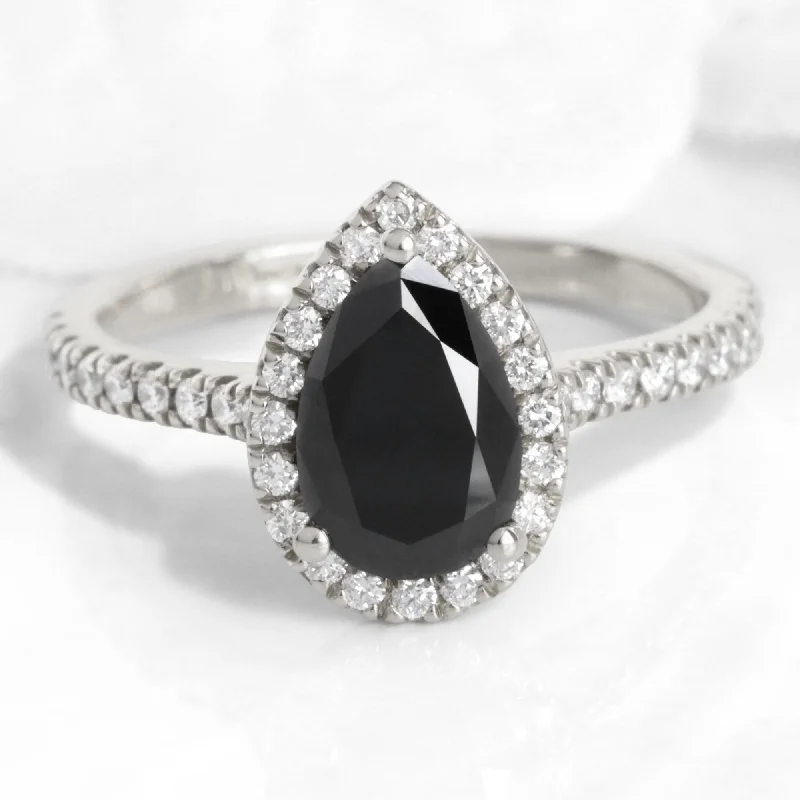 women's three-stone engagement rings-Halo Pear Black Diamond Ring in Luna Halo Pave Diamond Band