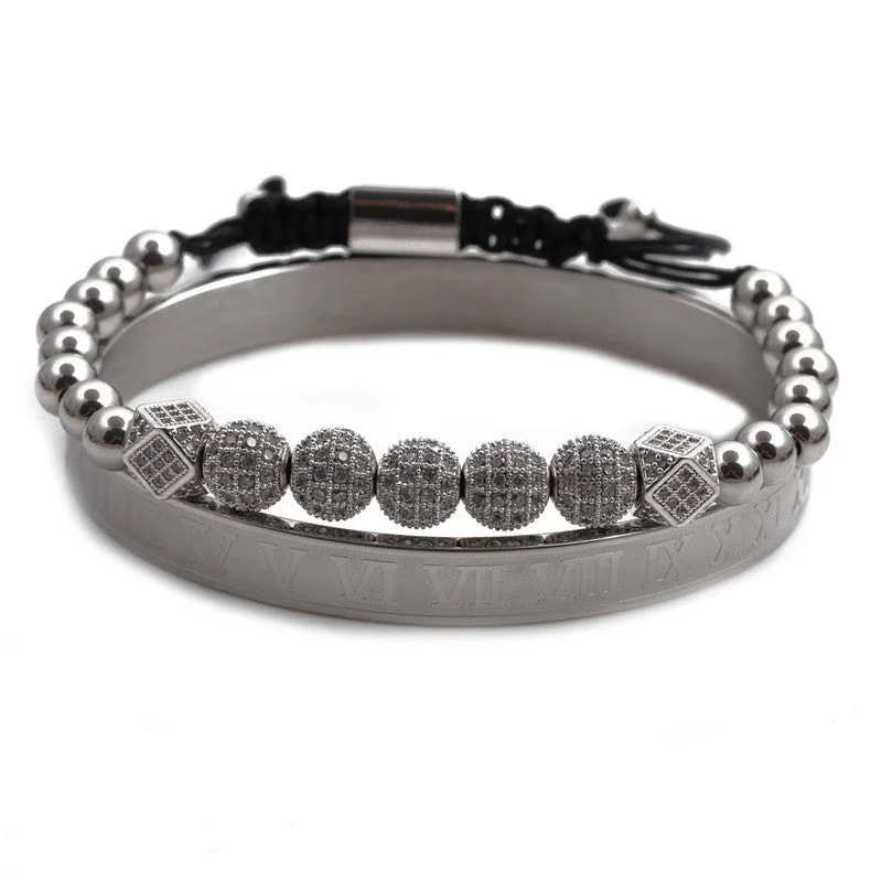 Rhinestone Ball + Three Cut Yuan + Roman Bracelet Silver