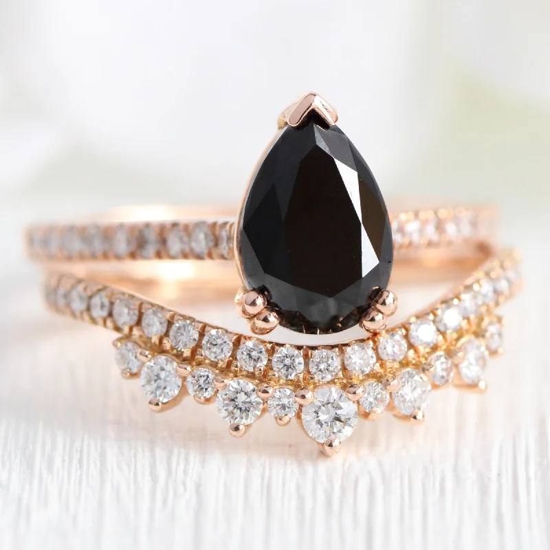 women's pear-shaped engagement rings-Grace Solitaire Black Diamond Ring Set w/ Pear Diamond and Crown Wedding Band