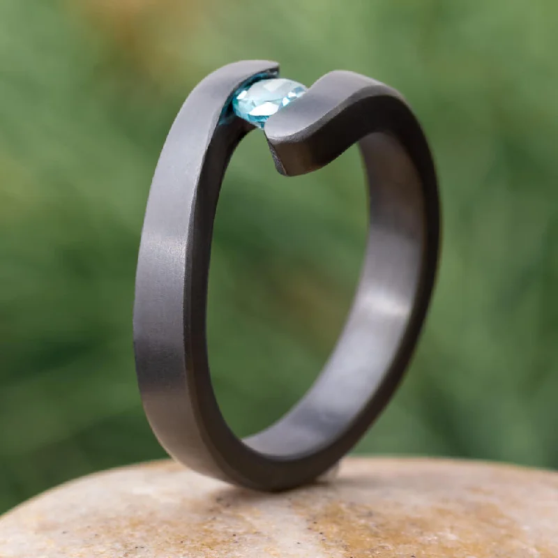 women's rose gold engagement rings-Tension Set Aquamarine in Black Zirconium Engagement Ring