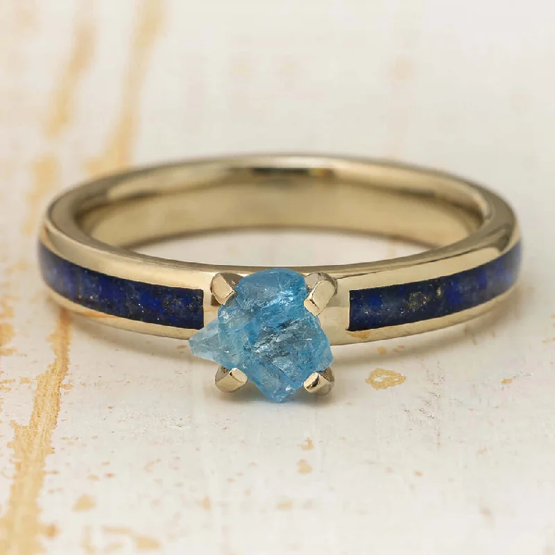 women's unique engagement rings-Rough Aquamarine Engagement Ring with Lapis Lazuli