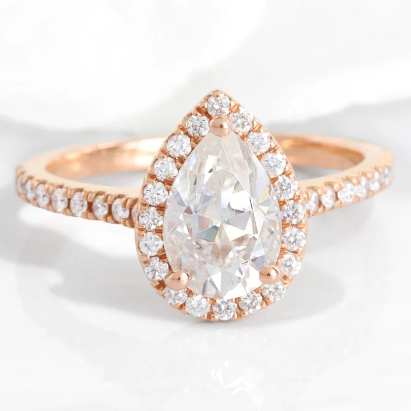 women's floral engagement rings-Pear Moissanite Engagement Ring in Luna Halo Diamond Pave Band