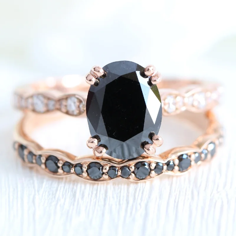 women's multi-stone engagement rings-Grace Solitaire Black Diamond Ring Set w/ Matching Diamond Scalloped Wedding Band