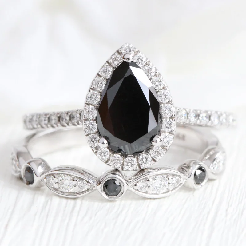 women's oval engagement rings-Luna Halo Pear Black Diamond Ring Set w/ Bezel Black and White Diamond Band