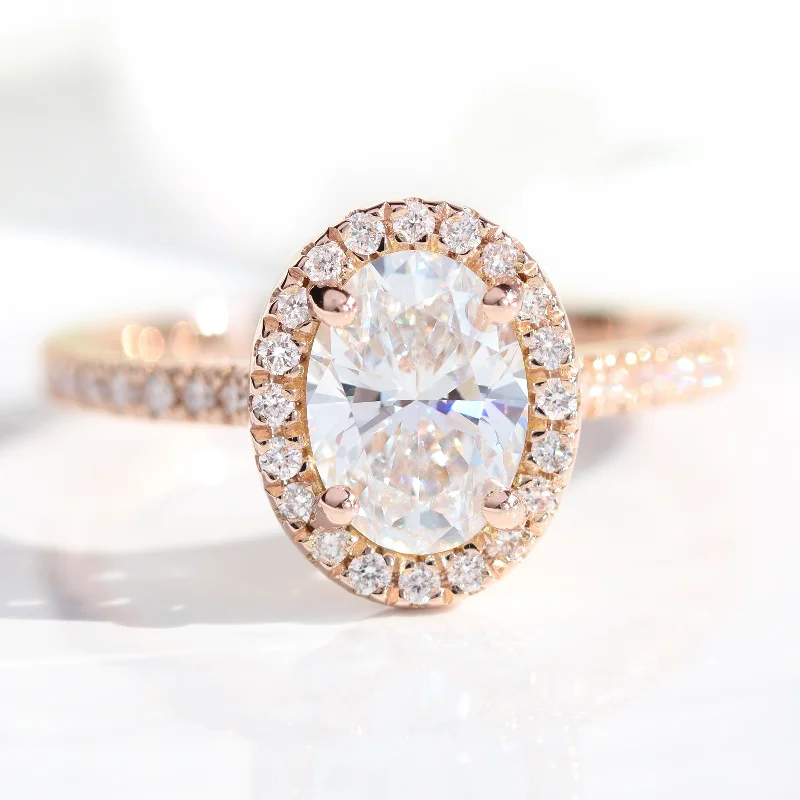 women's rose gold diamond engagement rings-Oval Lab Diamond Ring Pave Band w/ Natural Diamonds in Luna Halo Ring