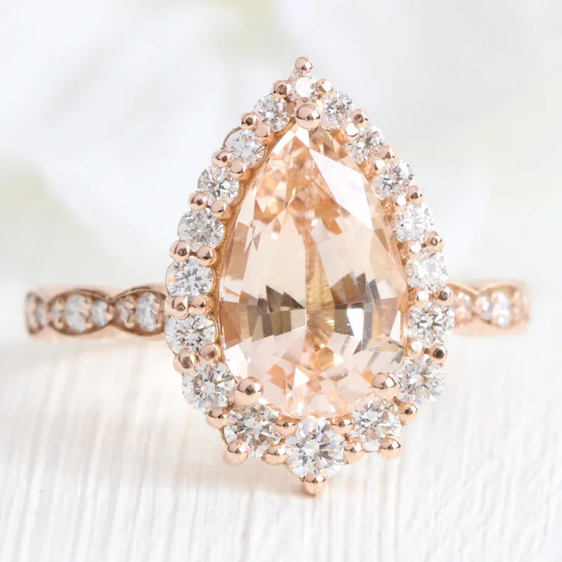 women's bridal diamond engagement rings-Large Pear Morganite Diamond Ring in 14k Rose Gold Tiara Halo Scalloped, Size 7.75