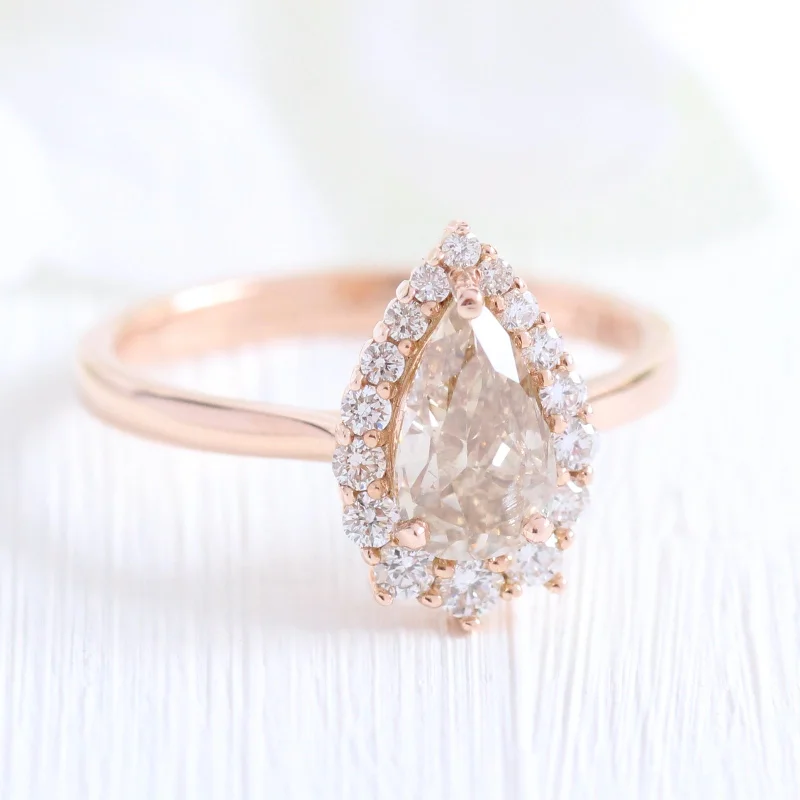 women's diamond wedding and engagement rings-1.33 Ct Pear Champagne Diamond Ring in 14k Rose Gold Tiara Halo, Size 6.5