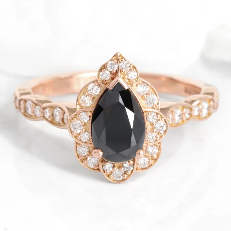 women's radiant cut engagement rings-Pear Black Diamond Engagement Ring in Vintage Floral Scalloped Band