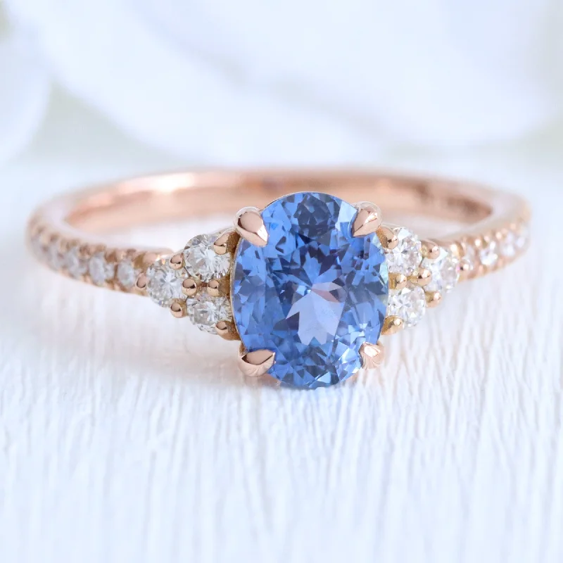 women's custom diamond engagement rings-1.97 Ct. Oval Ceylon Blue Sapphire Ring in 14k Rose Gold 3 Stone Diamond Ring, Size 6.5