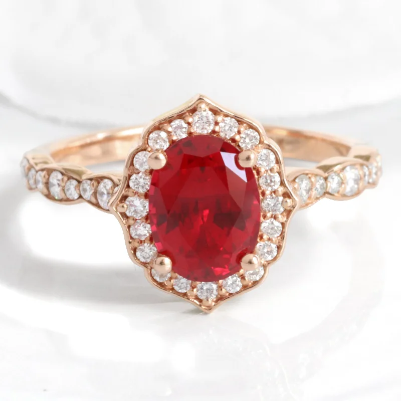 women's engagement rings with halo setting-Oval Ruby Diamond Ring in Vintage Floral Scalloped Band