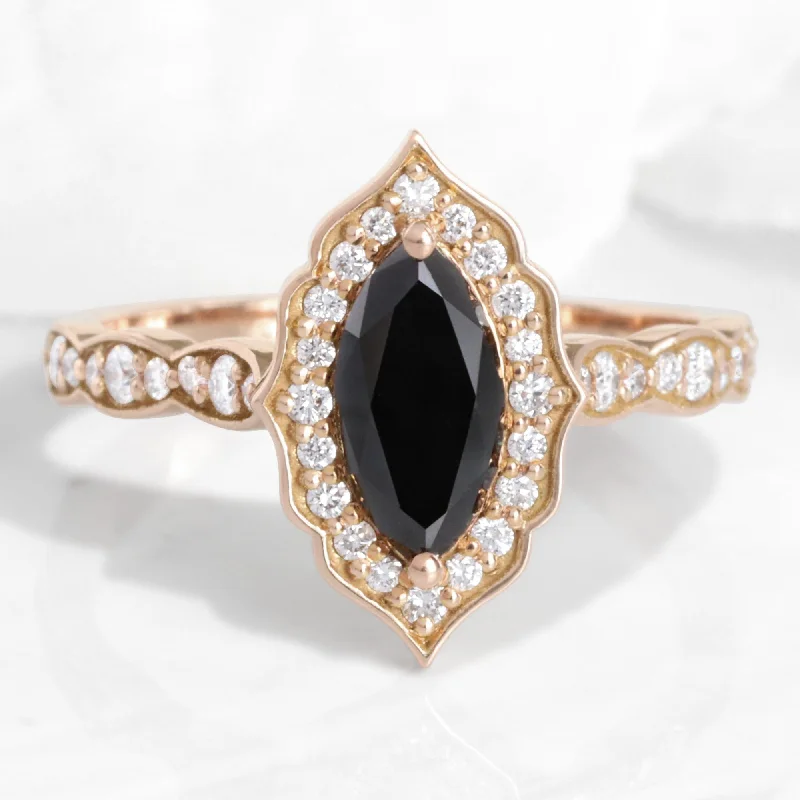 women's sparkling engagement rings-Marquise Black Diamond Ring in Vintage Floral Scalloped Band