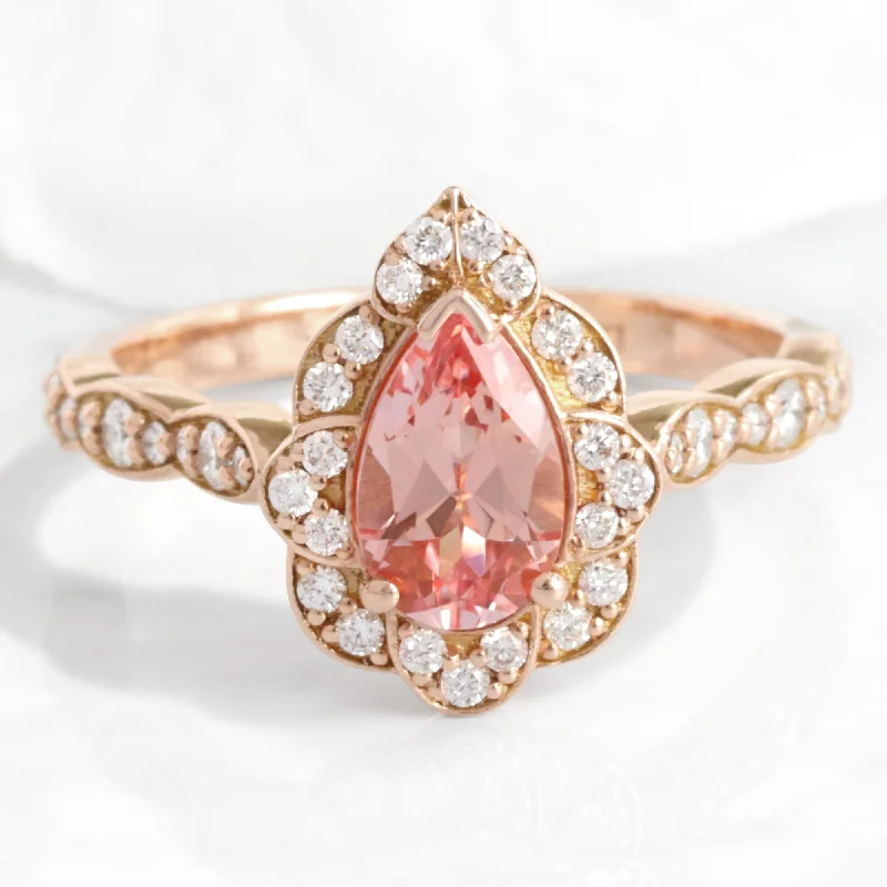 women's nature-inspired engagement rings-Pear Peach Sapphire Diamond Ring in 14k Rose Gold Vintage Floral Band Size 6