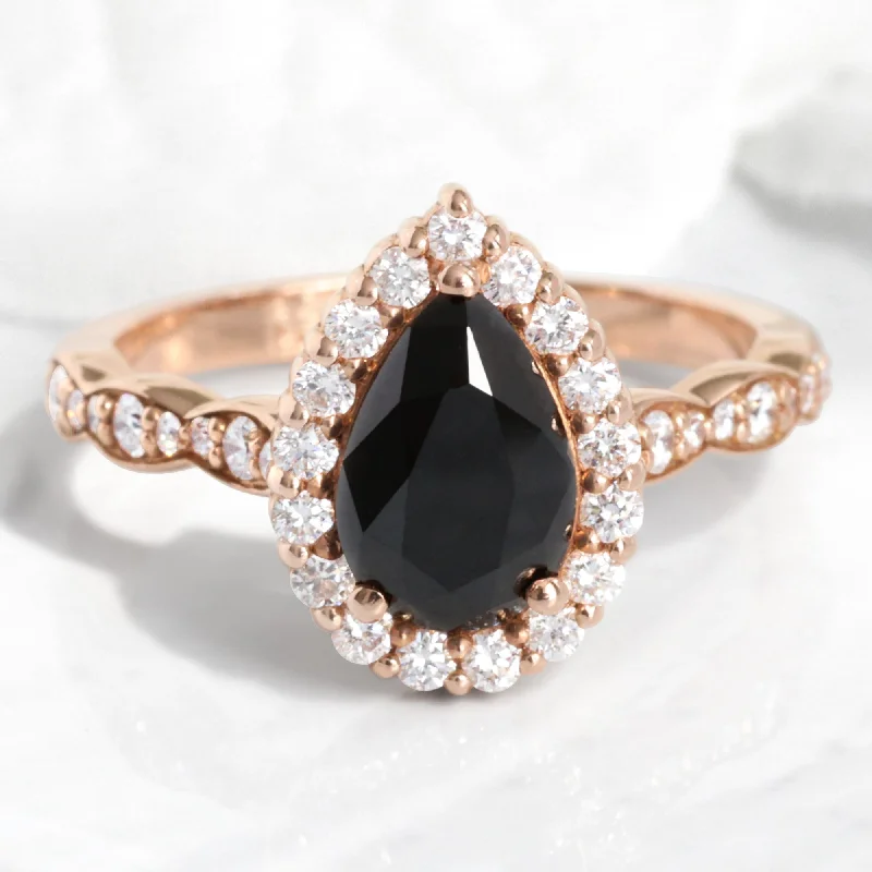 women's romantic engagement rings-Pear Black Diamond Engagement Ring in Luna Halo Scalloped Diamond Band