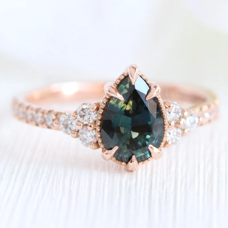 women's classic princess cut engagement rings-1.46 Ct Pear Teal Green Sapphire Ring in 14k Rose Gold Vintage 3 Diamond Ring, Size 6.5