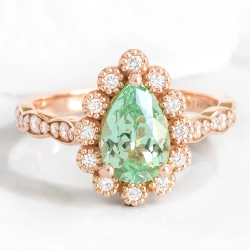 women's solitaire engagement rings-Pear Seafoam Green Sapphire Ring in Vintage Luna Halo Diamond Ring