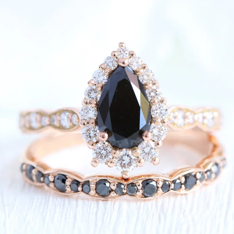 women's oval gemstone engagement rings-Tiara Halo Pear Black Diamond Ring Set w/ Matching Diamond Scalloped Wedding Band