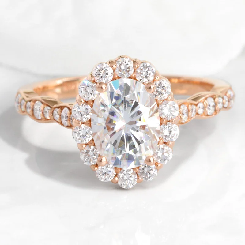 women's commitment rings for women-Oval Moissanite Engagement Ring in Luna Halo Diamond Scalloped Band