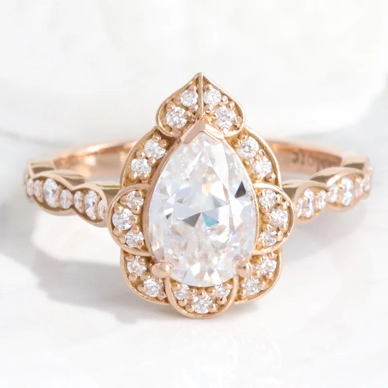 women's stylish engagement rings-Large Pear Moissanite Engagement Ring in Vintage Floral Diamond Band